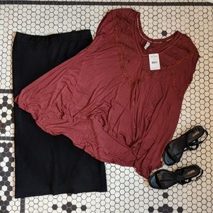 Free People Abigail Tunic Embroidered Tee Wine NWT